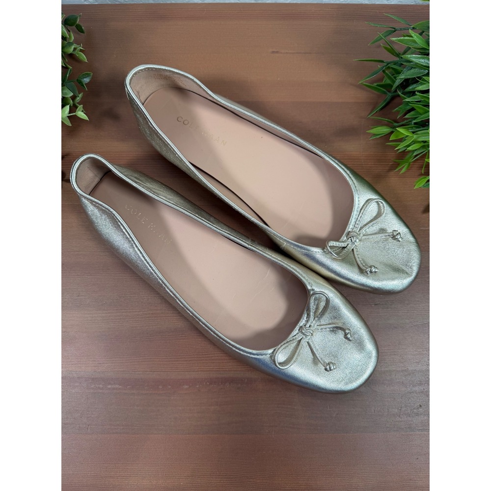 Cole Haan Womens Yara Bow Ballet Gold Metallic Leather Flat Shoes Size 7.5